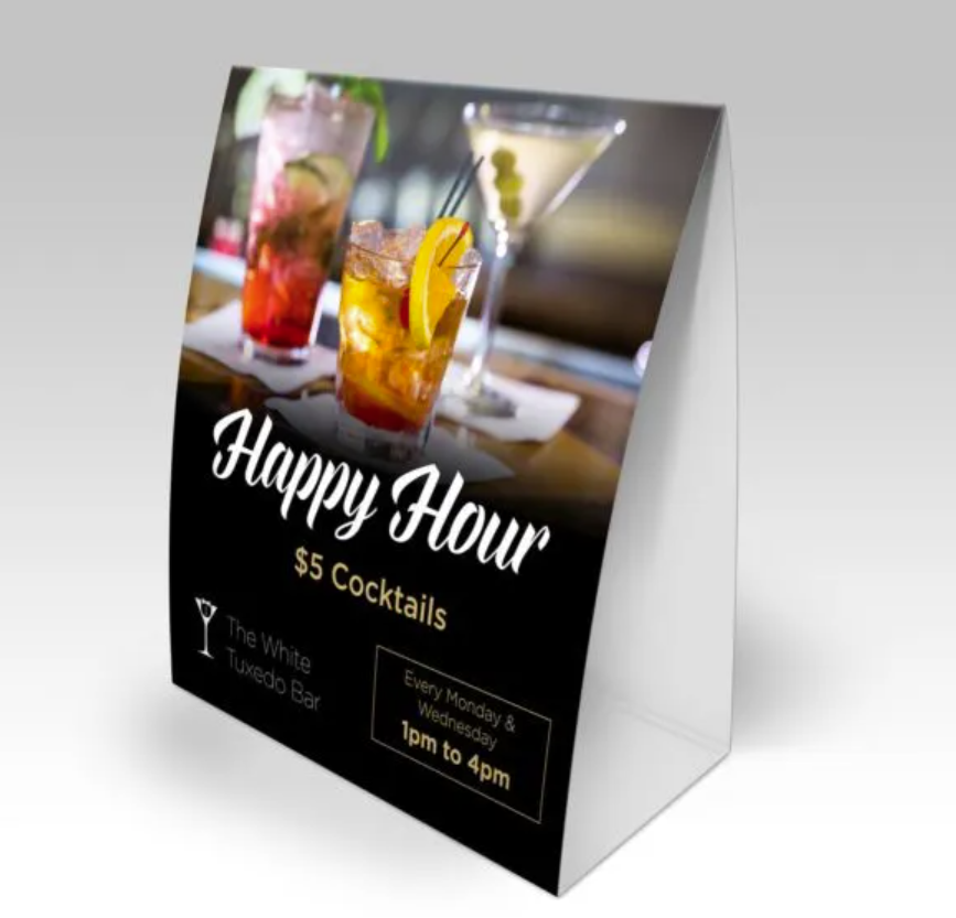 4x6 table tent mockup showing a bar happy hour promotion display