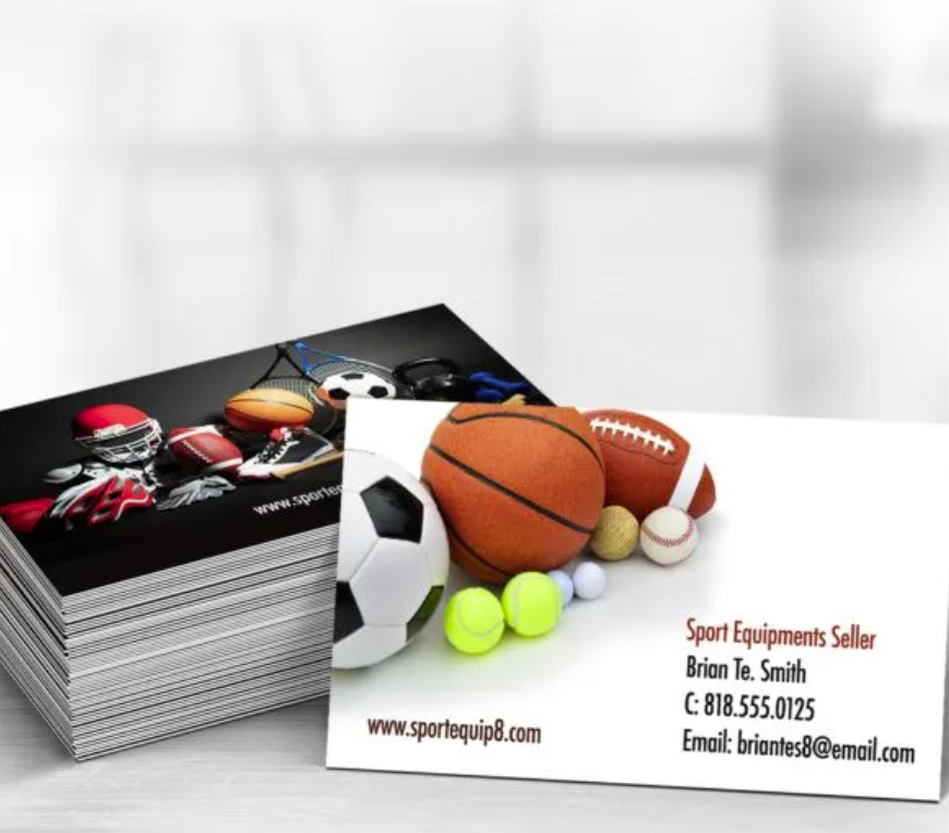 Business card mockup showing a sports equipment seller design with stacked cards