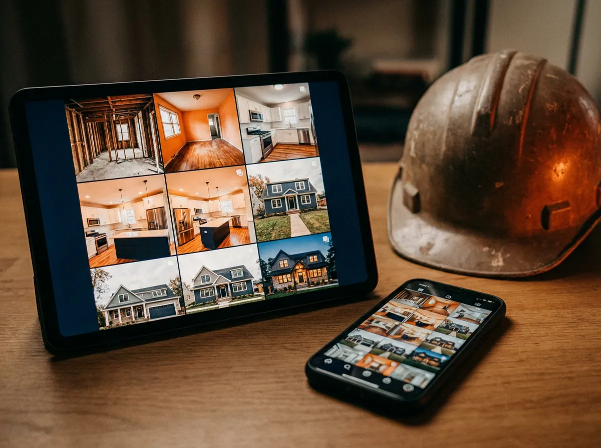 Tablet showing a social media grid of renovation photos