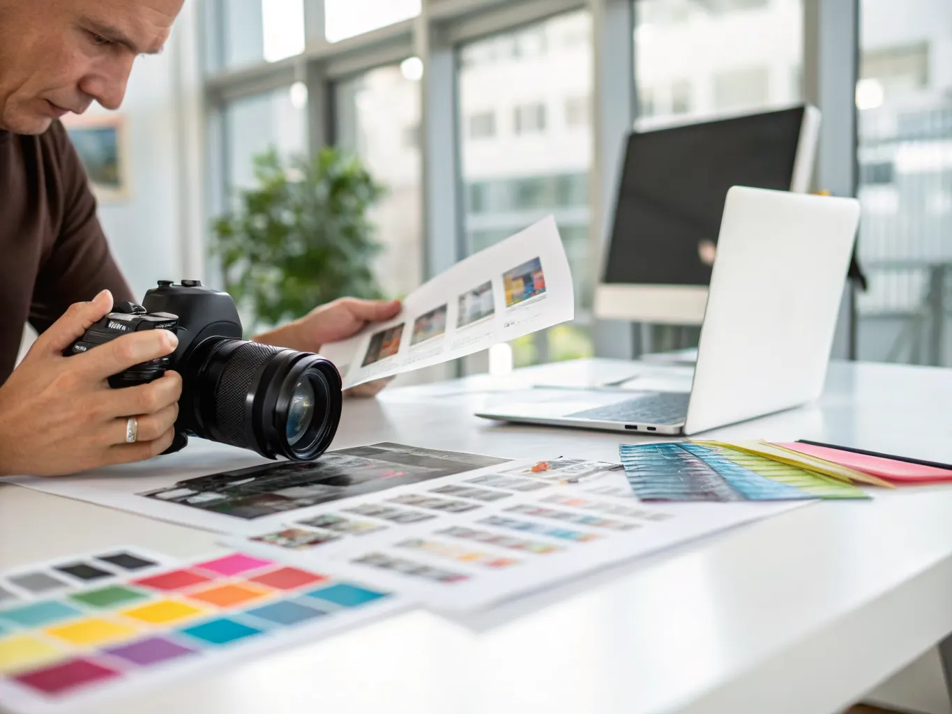 Print broker reviewing color samples and print quality