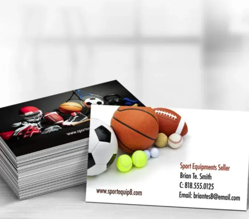 Business card mockup showing a sports equipment seller design with stacked cards